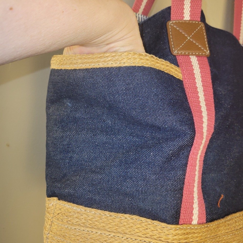 Tommy‎ Hilfiger Tote Bag Womens Denim Straw Pink Striped Handles Large Beach... - Picture 4 of 10